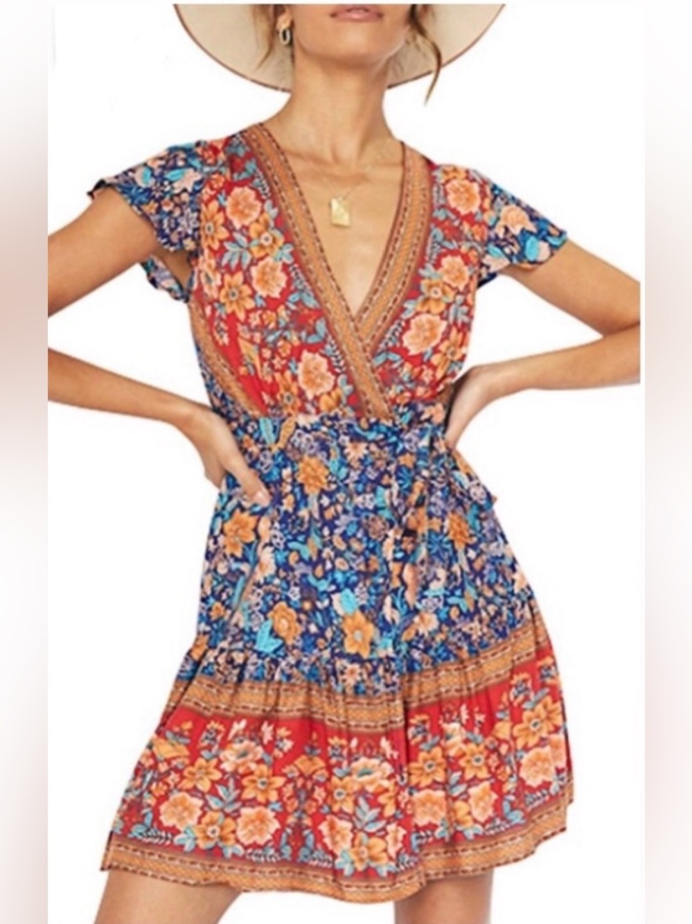 Boho Floral Wrap V-Neck Dress in orange and Blue